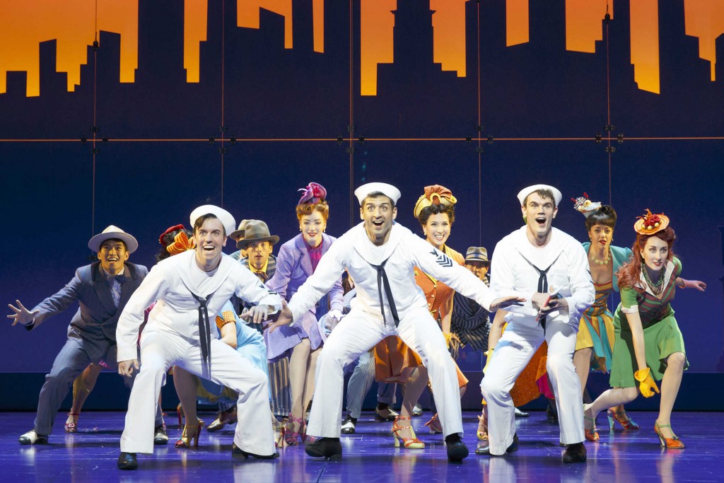 In this image released by Matt Ross Public Relations, Clyde Alves, front row from left, Tony Yazbeck and Jay Armstrong Johnson appear during a performance of "On the Town," in New York. (AP Photo/Matt Ross Public Relations, Joan Marcus)